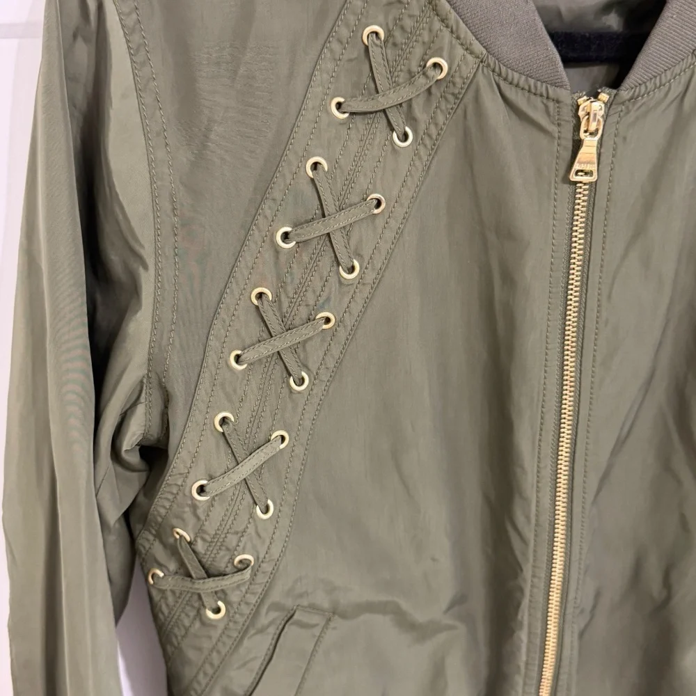 Express Olive Green Lace Up Bomber Jacket Size Small Utility Chic - Picture 5 of 8